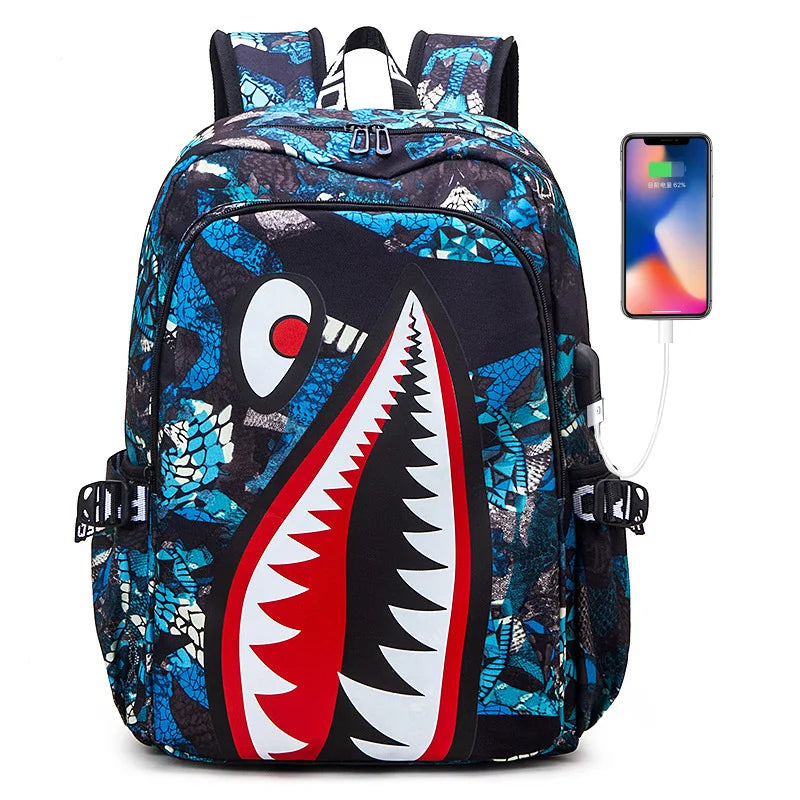 Children's Shark Print School Backpack with Zipper Opening and Front Pocket