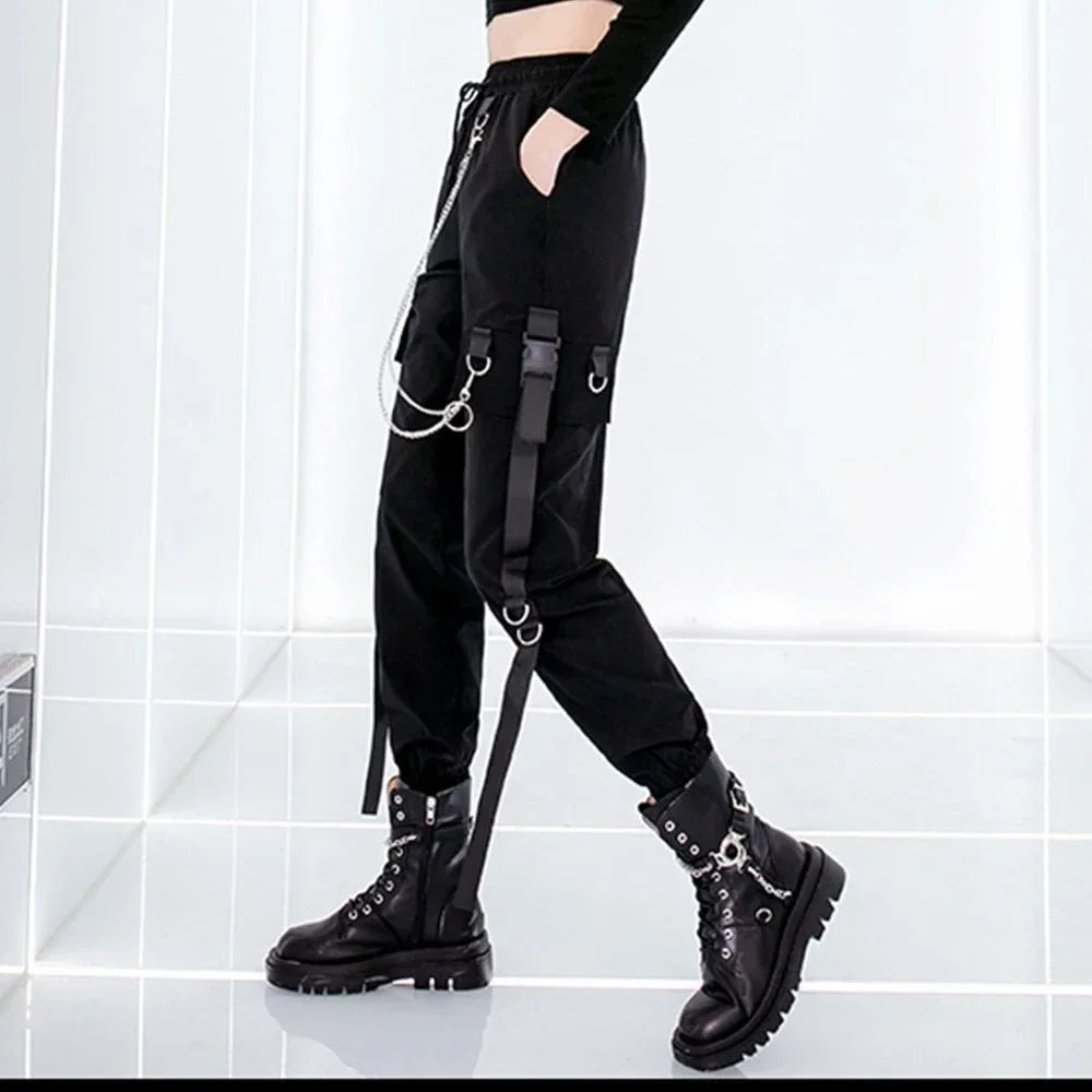 Women's Black Cargo Joggers with Chain and Plain Style Options