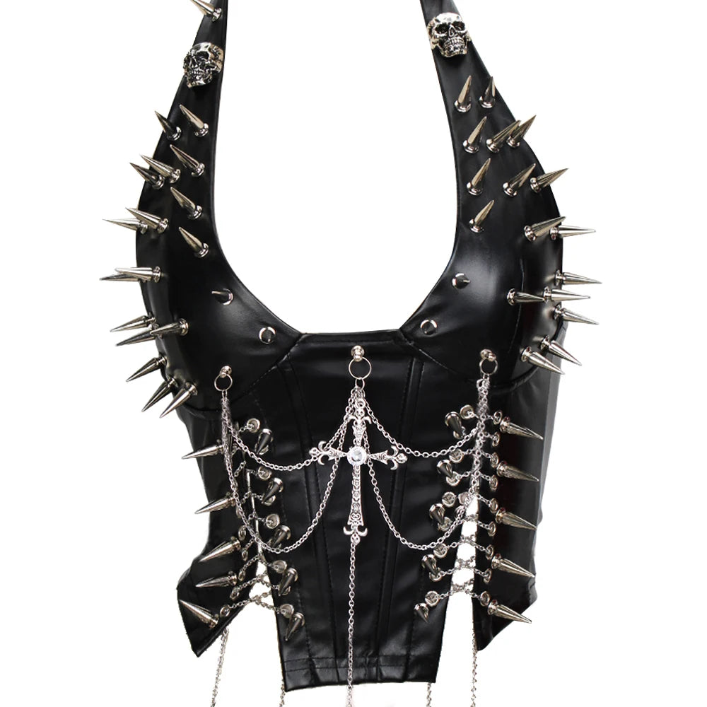 Women's Studded Crop Top with Decorative Spikes and Lace-Up Side Detailing