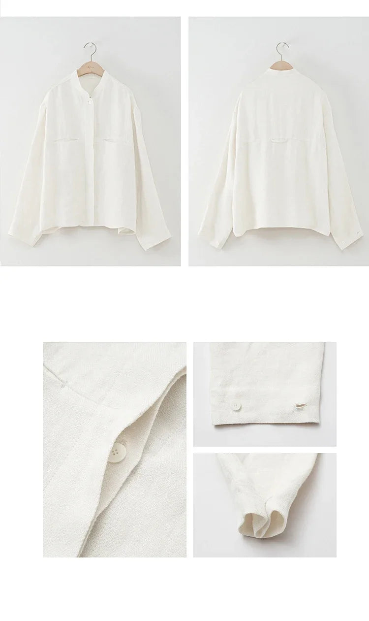 Women's Linen Long-Sleeve Stand-Collar Button-Up Shirt with Regular Fit for Casual Outfits