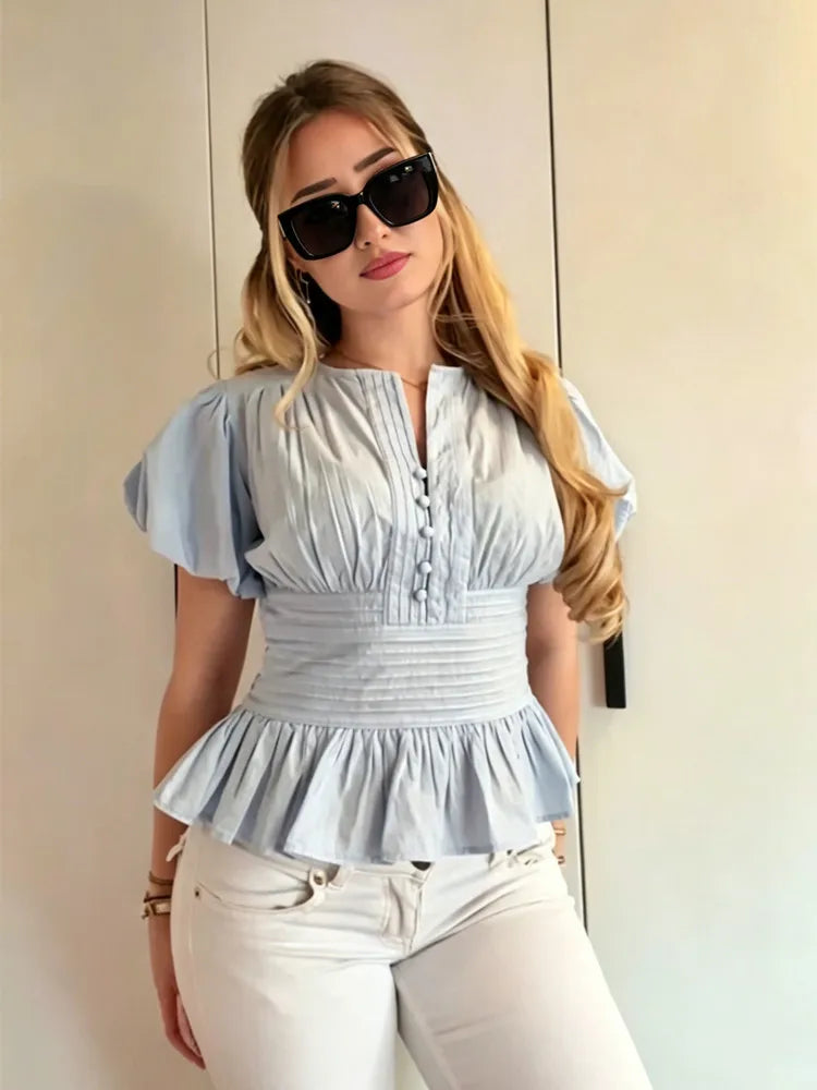 Women's Smocked Waist Ruffle Hem Short Sleeve Blouse