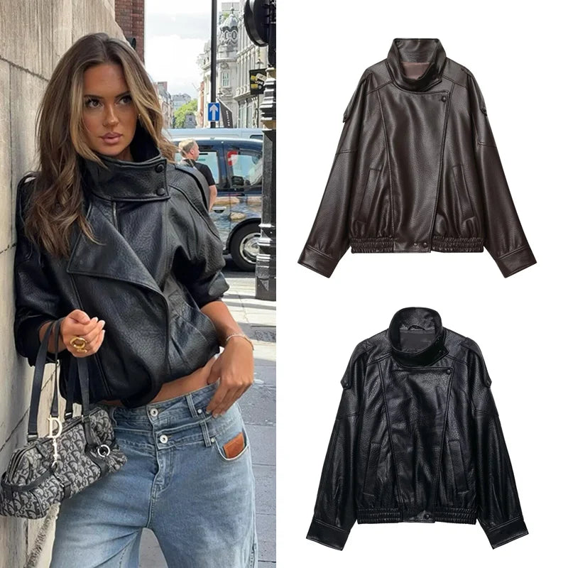 Women's Stand Collar Faux Leather Jacket for Layered Outfits