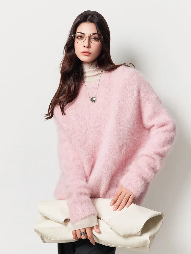 Women's Fluffy Crew Neck Long Sleeve Sweater Casual Knit Layer
