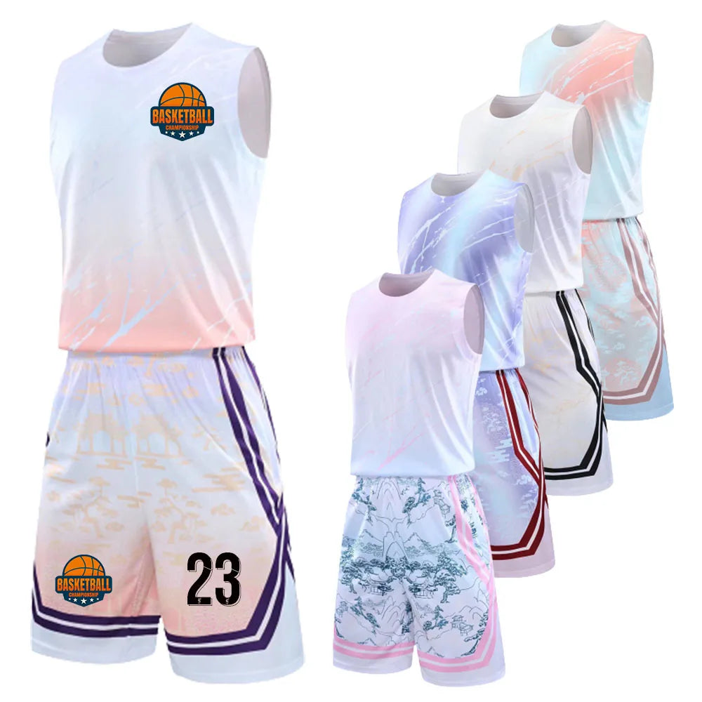Kids Mens Custom Basketball Jersey Set Gradient Print Quick Dry Vest and Shorts Personalized Uniform