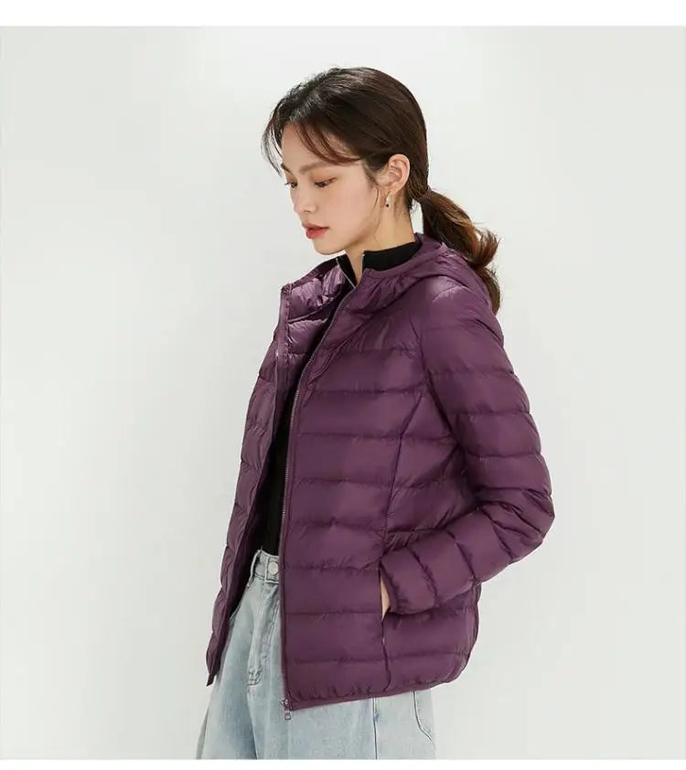 Women's Nylon Hooded Zip-Front Duck-Down Puffer Jacket for Casual Winter Layered Outfits