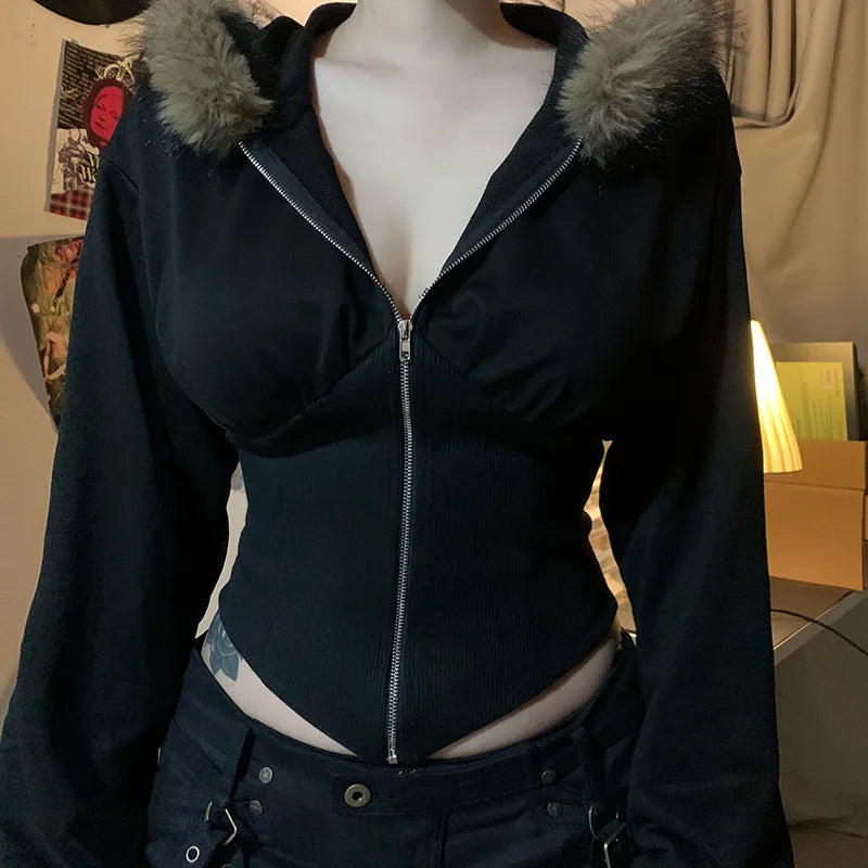 Fluffy Trim Long Sleeve Full Zip Casual Hoodie