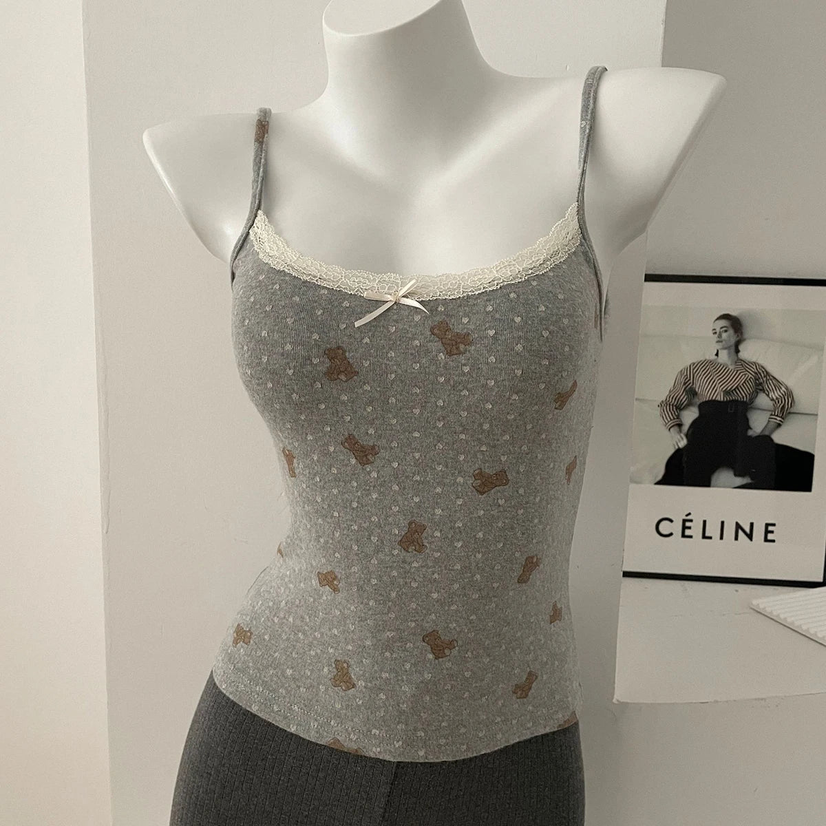 Women's Lace Trim Cotton Camisole with Bow Detail and Multiple Pattern Options