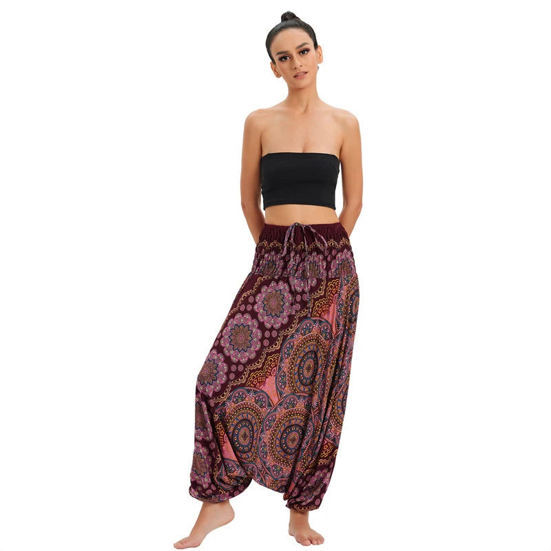 Women's Printed Rayon Harem Pants with Elastic Waist and Convertible Styling