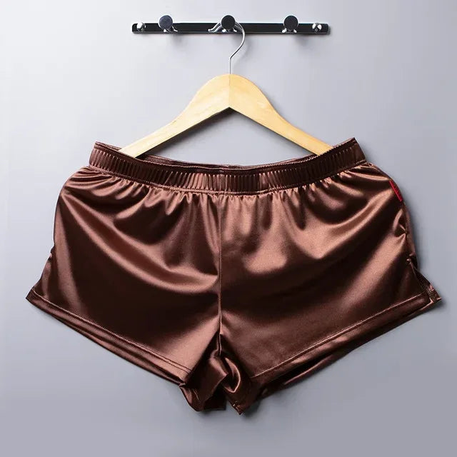 Men's Glossy Solid Split Hem Boxer Style Sleep Shorts