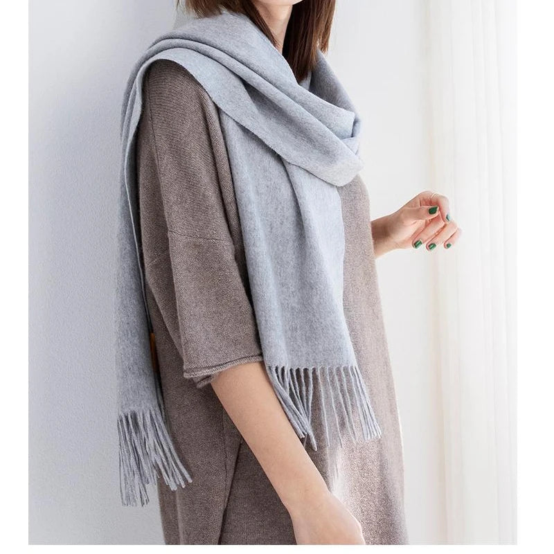 Solid Long Wool Scarf with Decorative Fringed Ends