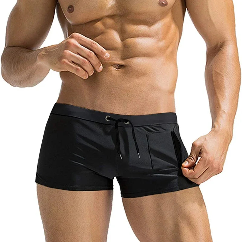 Men's Swimsuit Bottoms in Square-Leg Cut and Zipper Pocket for Beach and Pool Wear