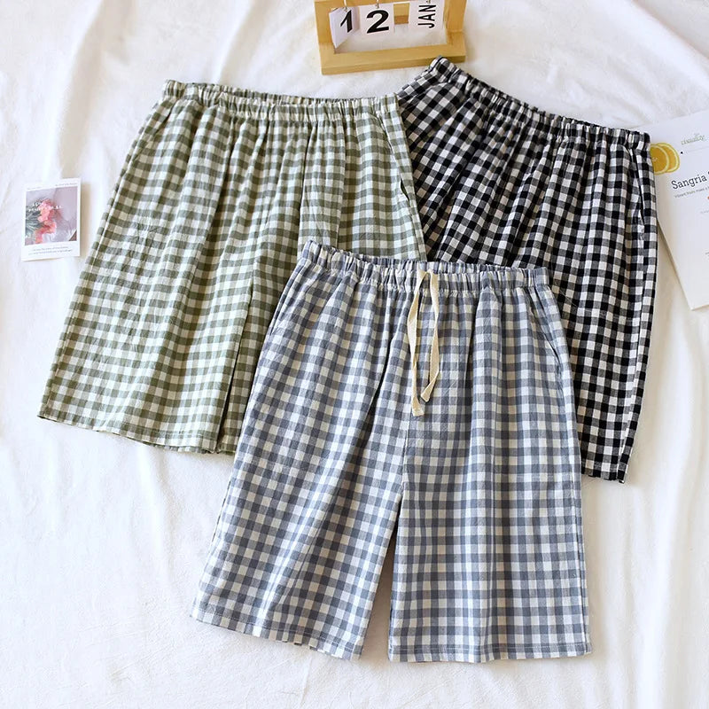 Men's Plaid Drawstring Sleep Shorts for Home Wear