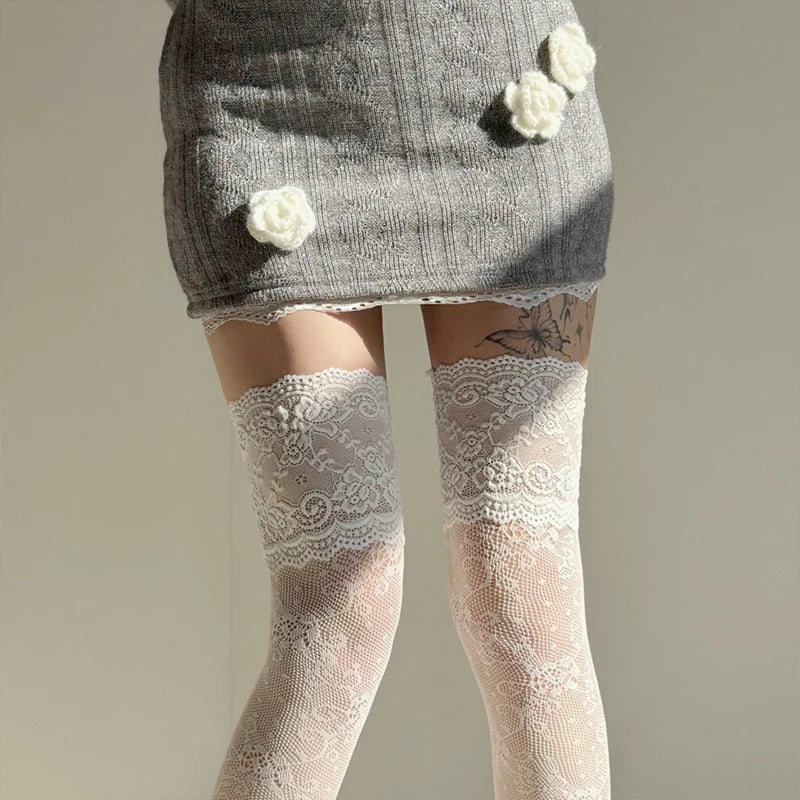 Floral Lace Thigh High Stockings with Decorative Cuffs