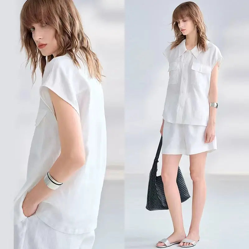 Women's Linen Collared Loose Button-Up Shirt with Front Pockets and Dropped Shoulders