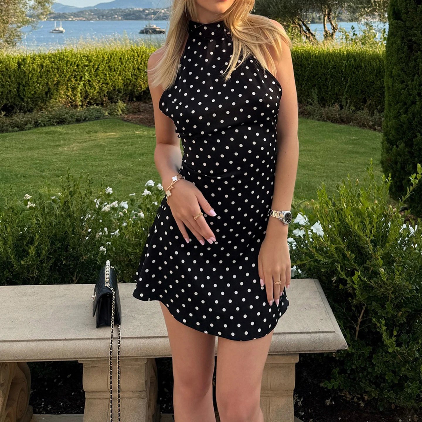 Women's Halter Polka Dot A Line Mini Dress For Casual Outfits