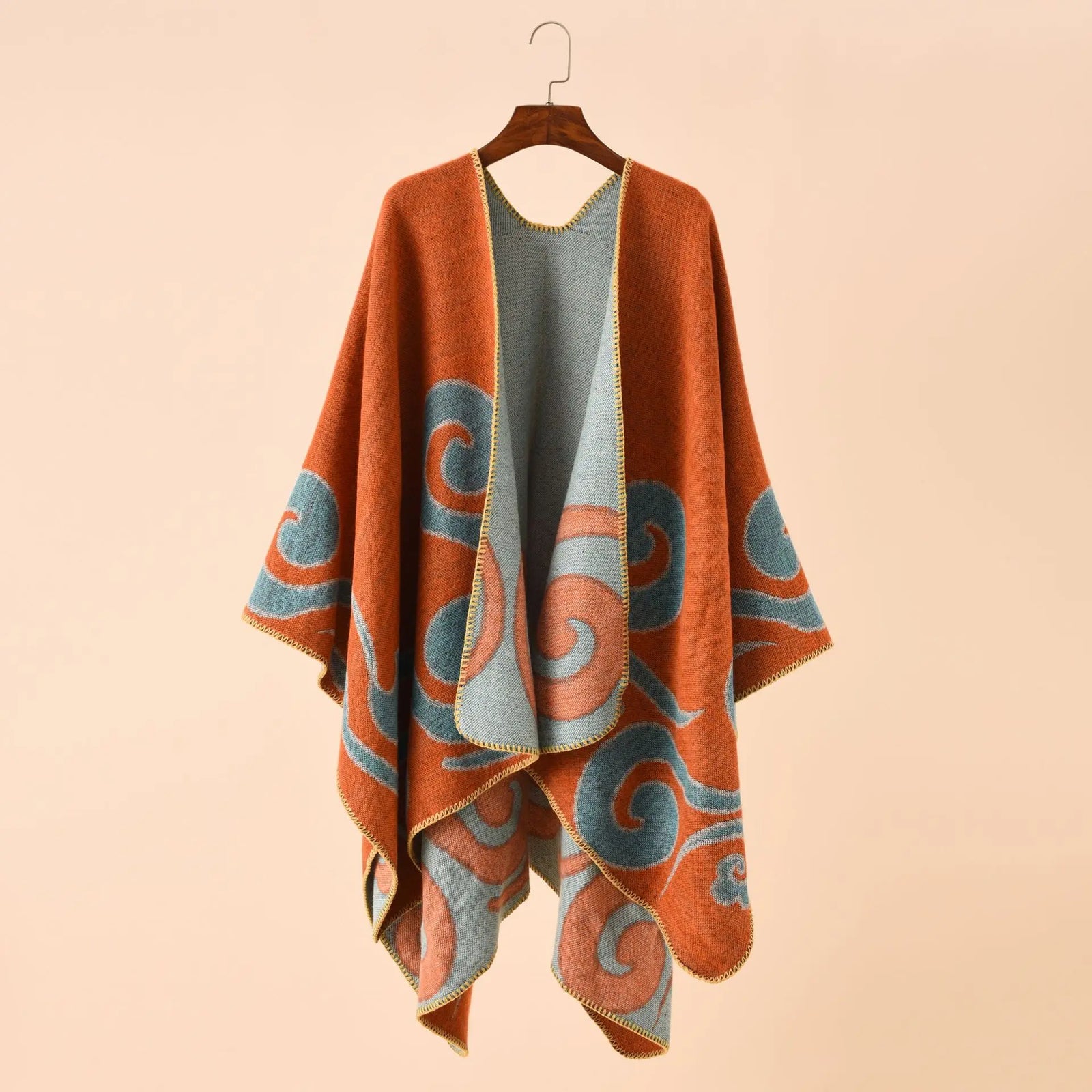 Swirl Pattern Pointed Hem Poncho for Layering over Outfits