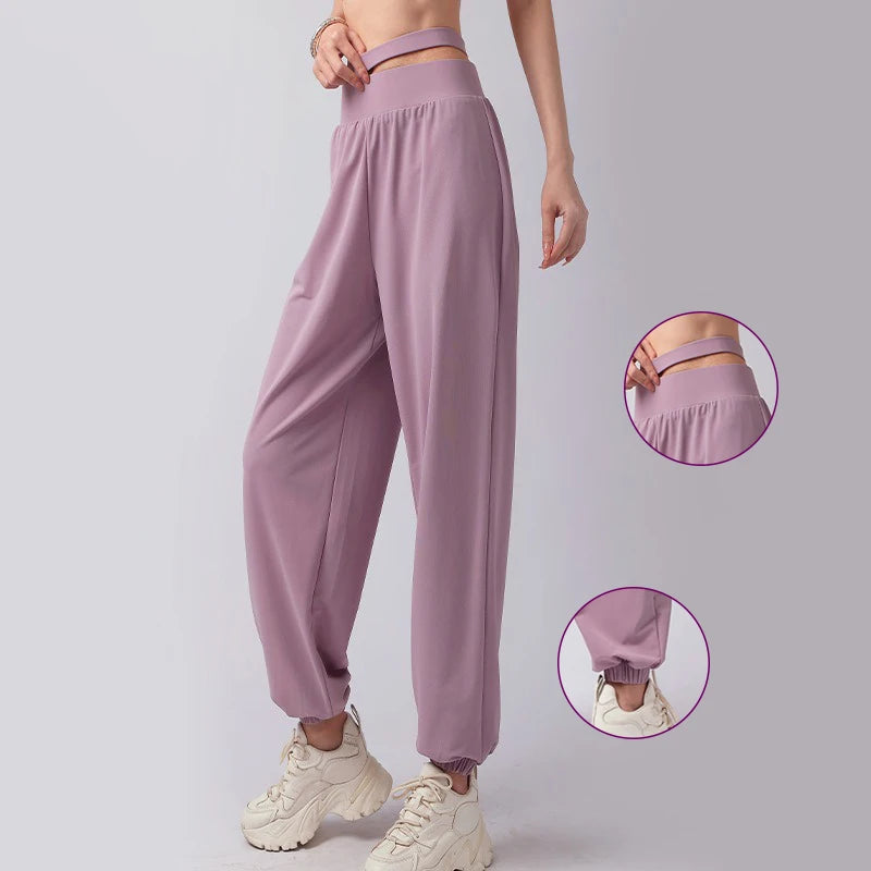 Women's Double Waist Polyester Blend Workout Pants with Cutouts and Cuffed Ankles