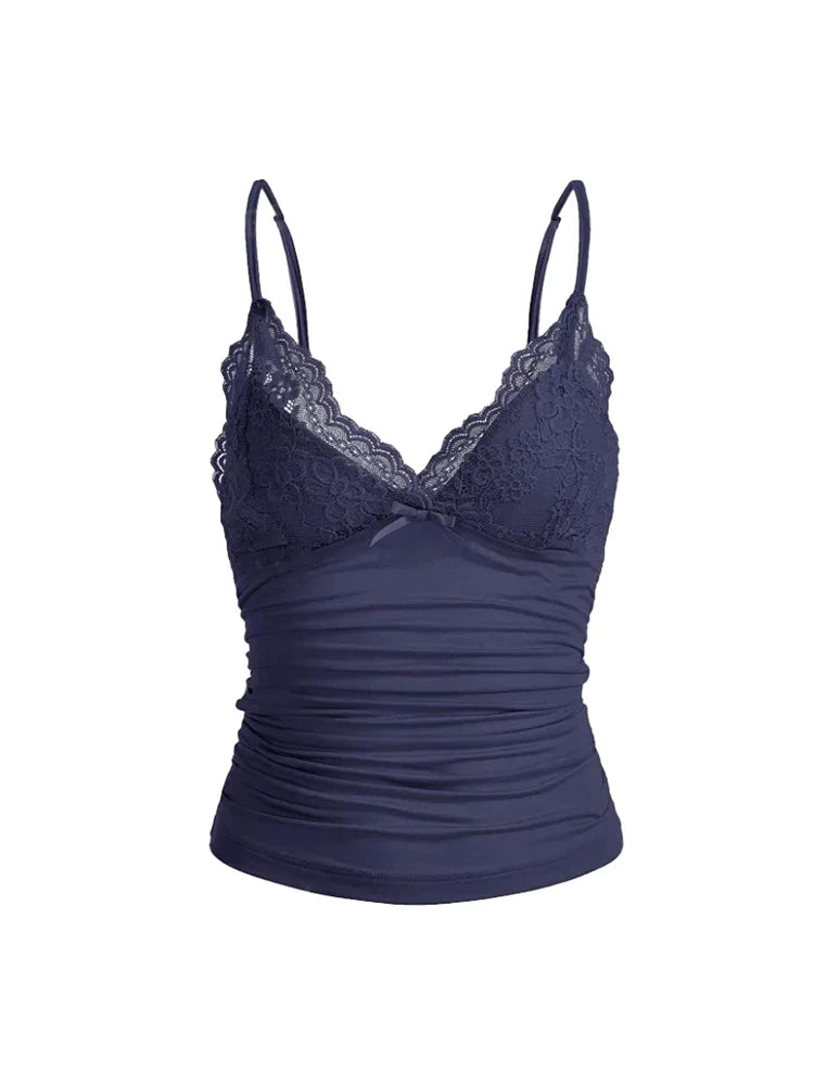 Women's Fitted Camisole with Contrasting Lace Trim and a Bow Detail