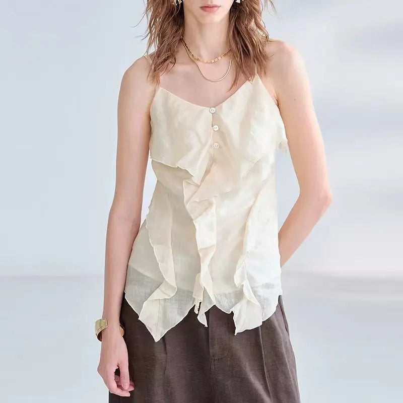 Women's Ramie Sleeveless Camisole Top with Asymmetric Hem and Decorative Front Buttons