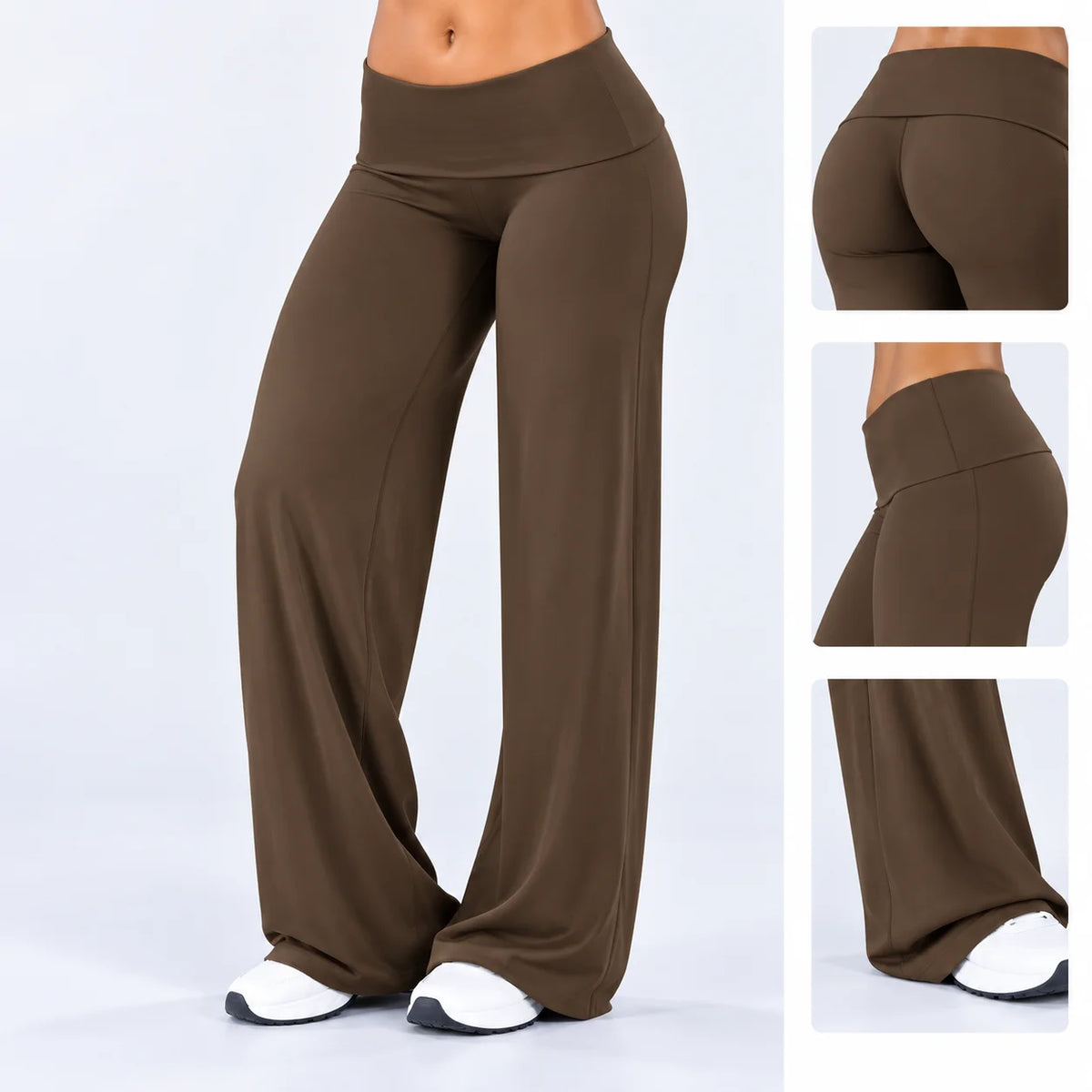 Women's Fold Over Waist Polyester Blend Wide Leg Pants for Casual Activewear