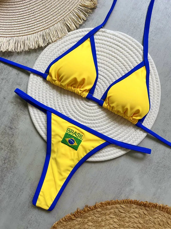 Women's Flag Print Triangle Bikini Top and Tie Side Thong Set