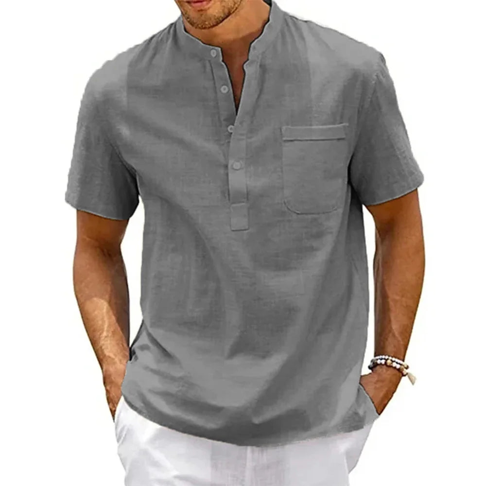 Men’s Short-Sleeve Cotton-Linen Henley Shirt