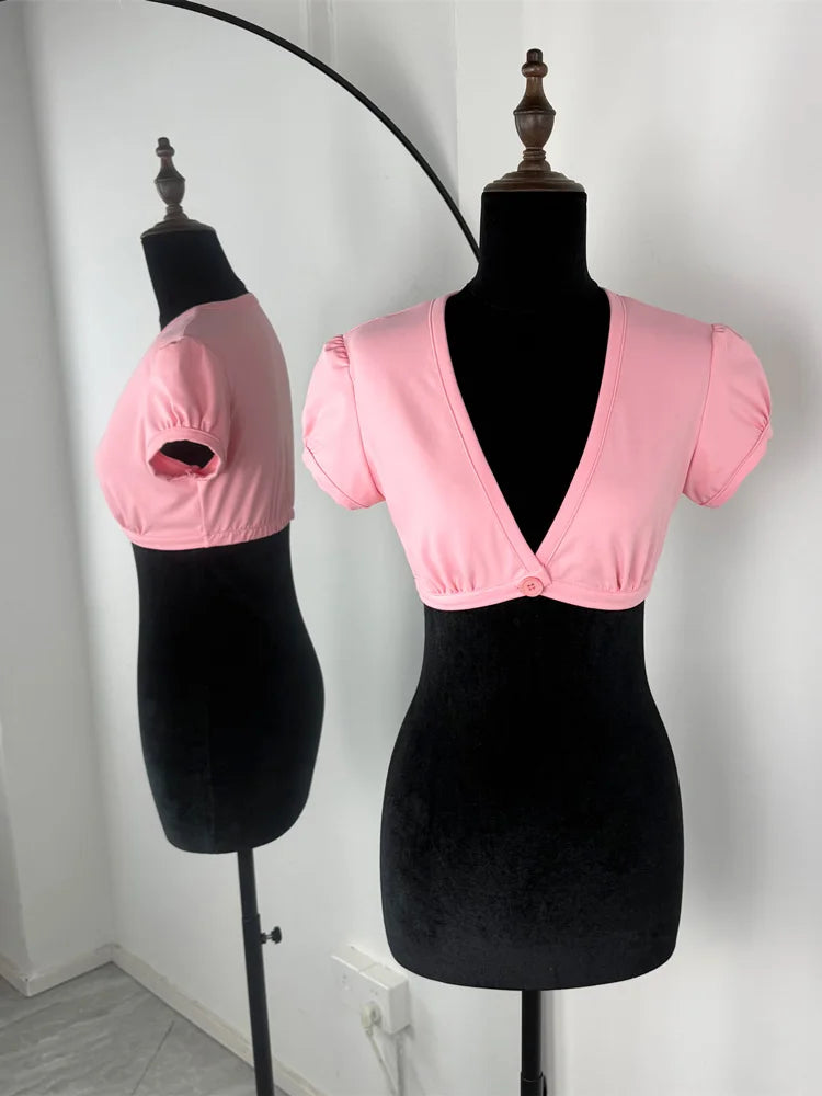 Women's Short Sleeve Polyester Crop Top with Deep V Neck and Front Button