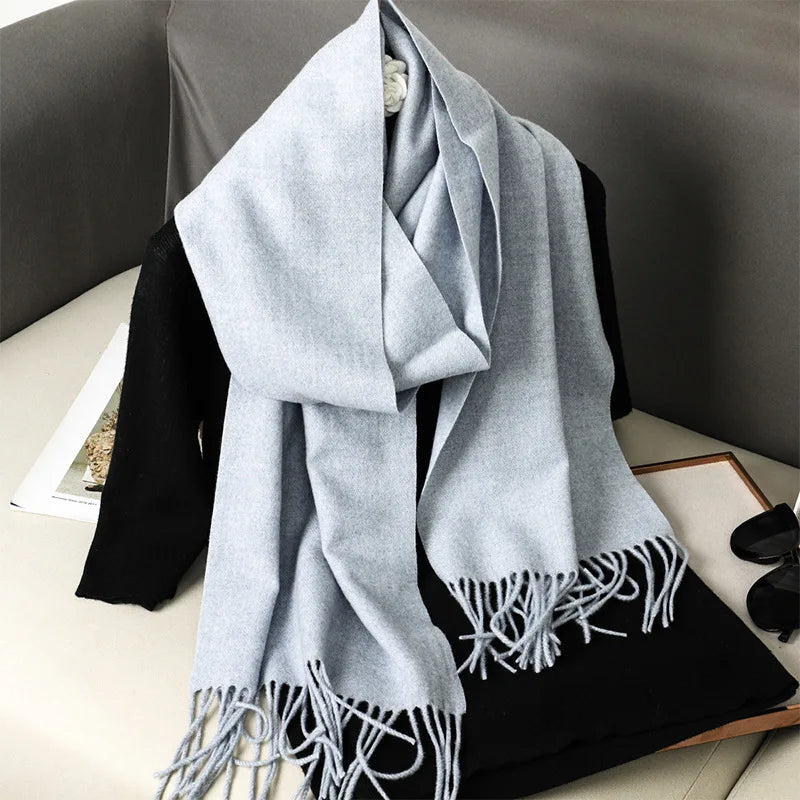 Solid Long Rectangular Scarf with Decorative Fringe Trim