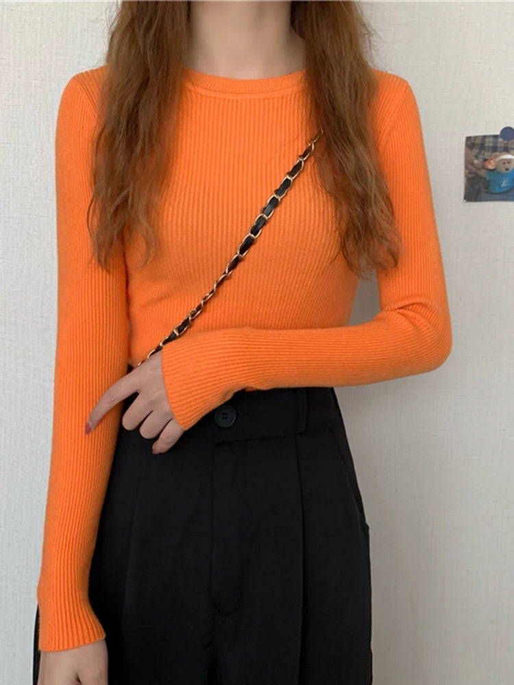 Women's Acrylic-Cotton Solid Long-Sleeve Crewneck Slim-Fit Knit Pullover Sweater for Everyday Outfits