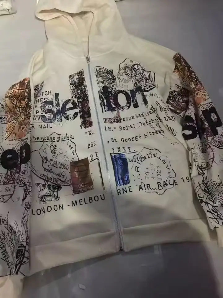 Abstract-Print Loose-Fit Long-Sleeve Zip-Front Hoodie