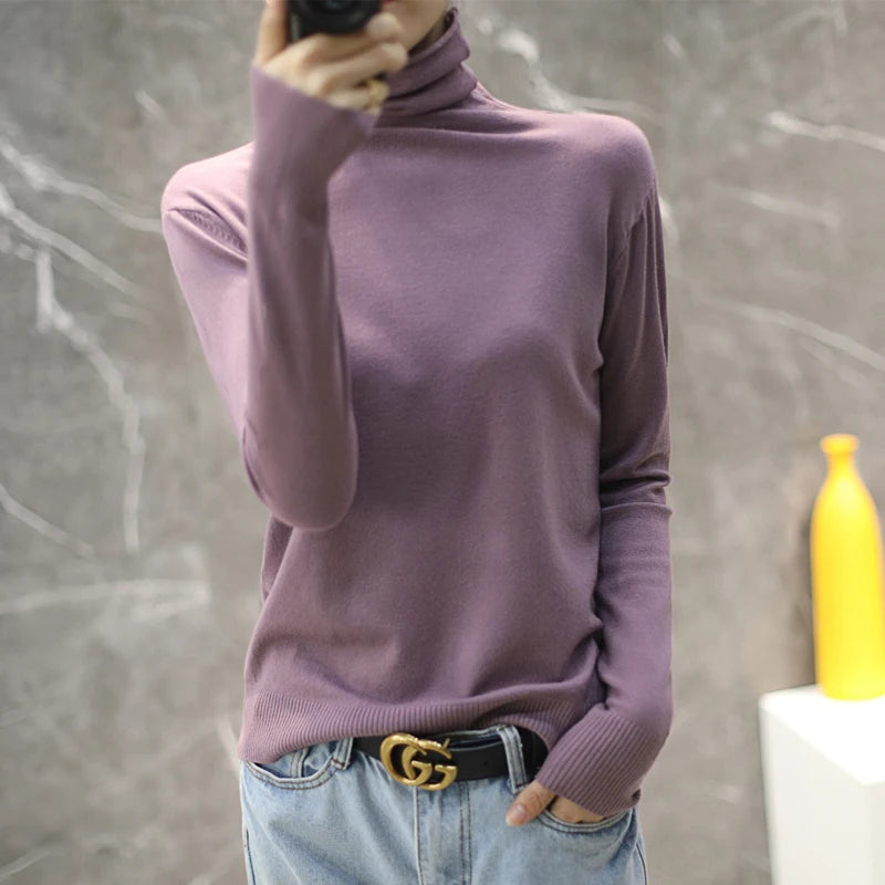 Women's Fitted Roll Neck Long Sleeve Sweater Casual Knit Layer