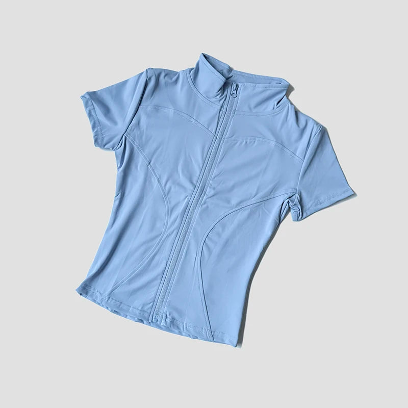 Women’s Slim Fit Short Sleeve Yoga Top with Stand Collar Zip Front