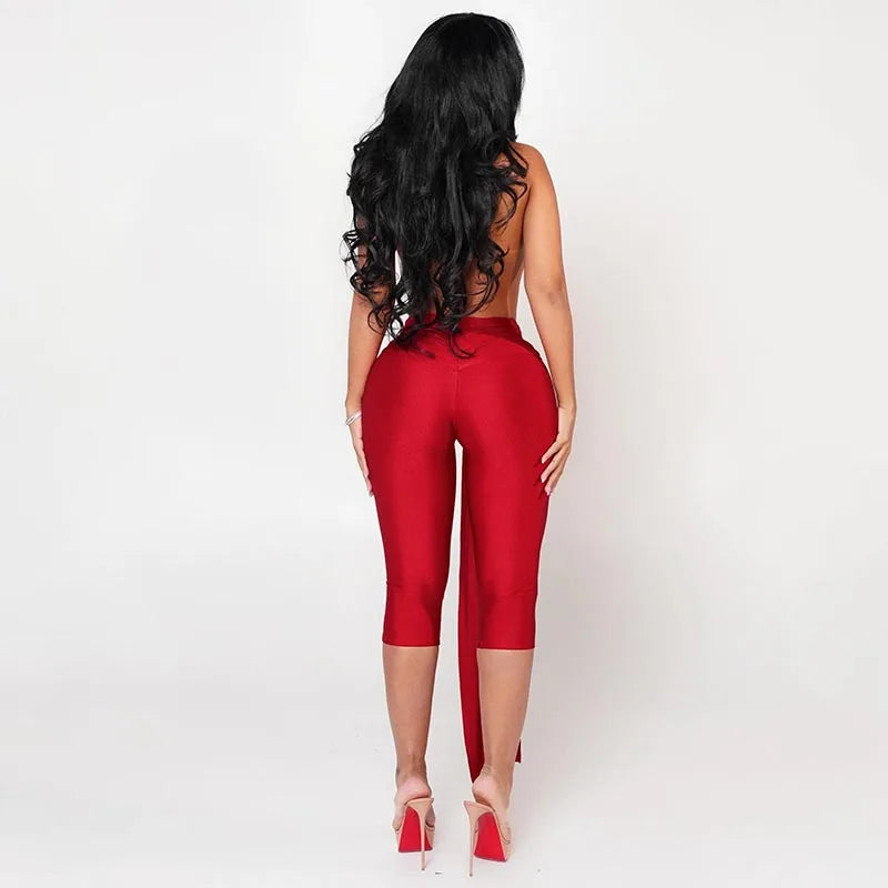 Women's Plunge Halter Polyester Jumpsuit with Waist Ties and Cropped Legs