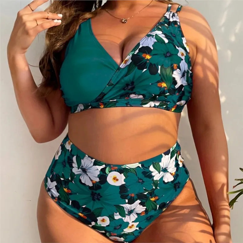 Women's Floral Print V Neck Top and High Waist Bikini Set