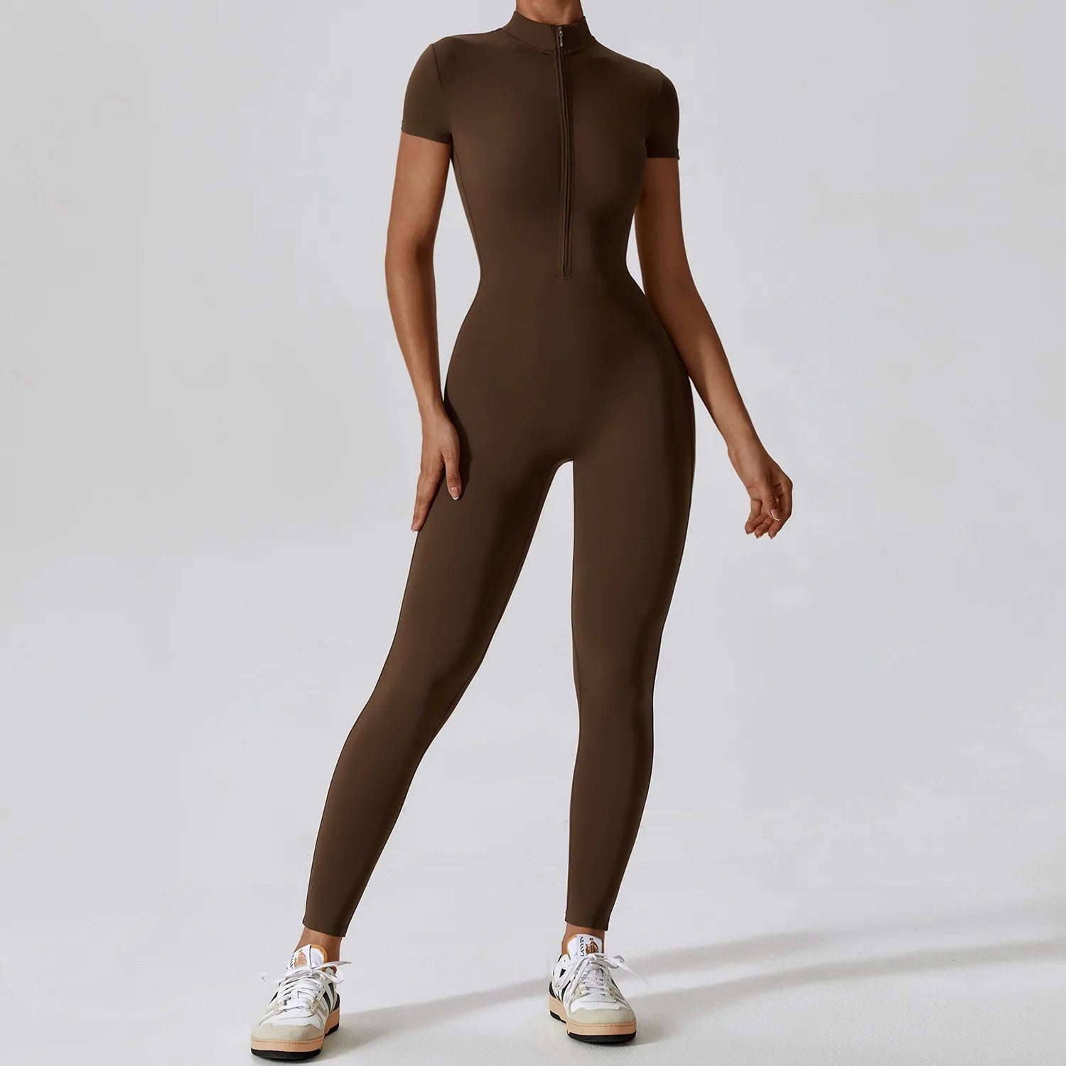 Women's Short Sleeve Nylon Blend Workout Jumpsuit with Collar and Front Zip