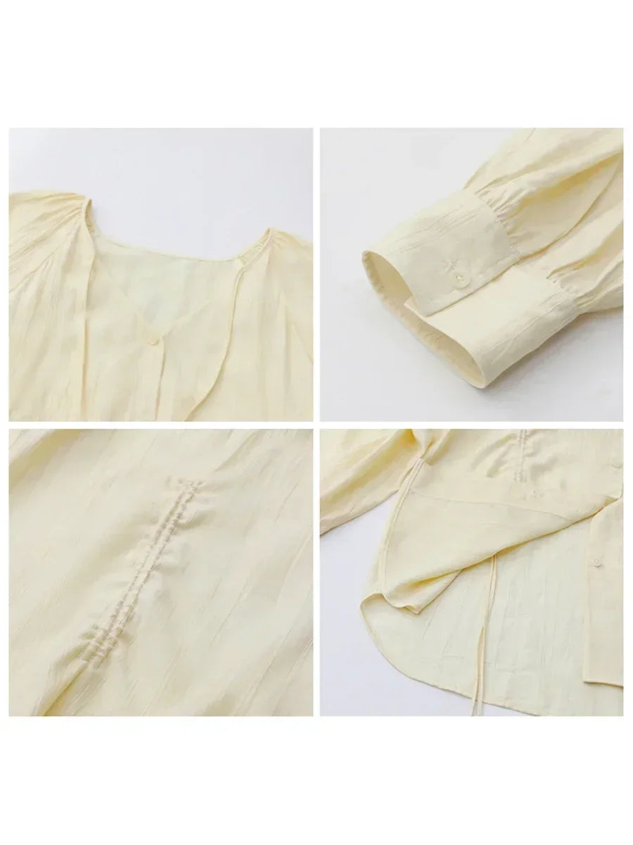 Women's V Neck Loose Blouse with Tie Cuffs