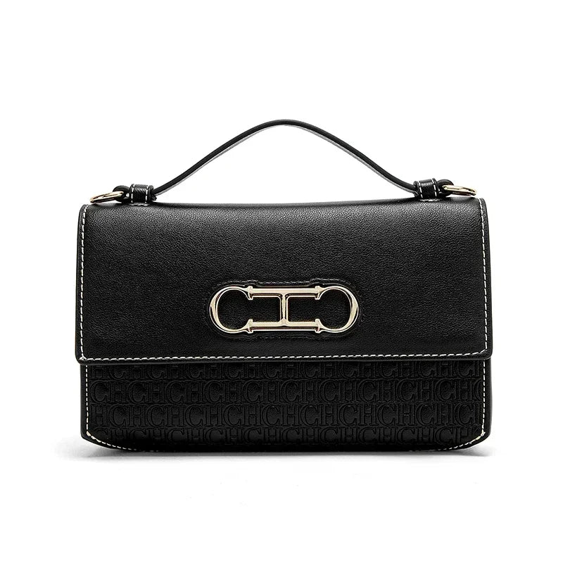 Women's Structured Flap Handbag with Metallic Clasp and Shoulder Strap