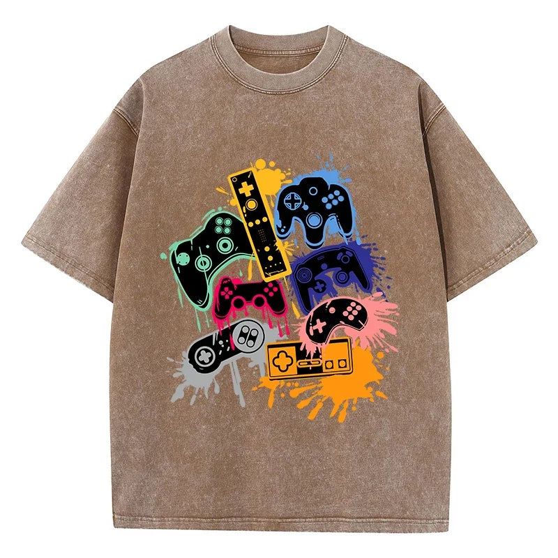 Game Console Graffiti Printing Washed T-Shirt Cotton T Shirts O-Neck Comfortable Distressed Tops Summer Mans Clothes