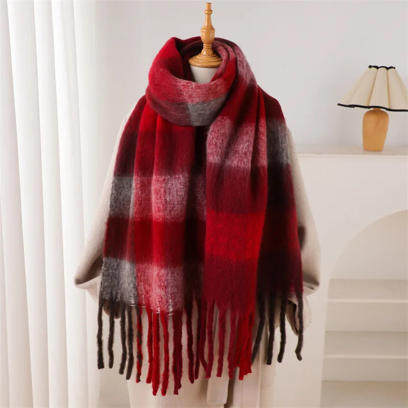 Multicolor Plaid Scarf with Long Shape and Fringed Ends