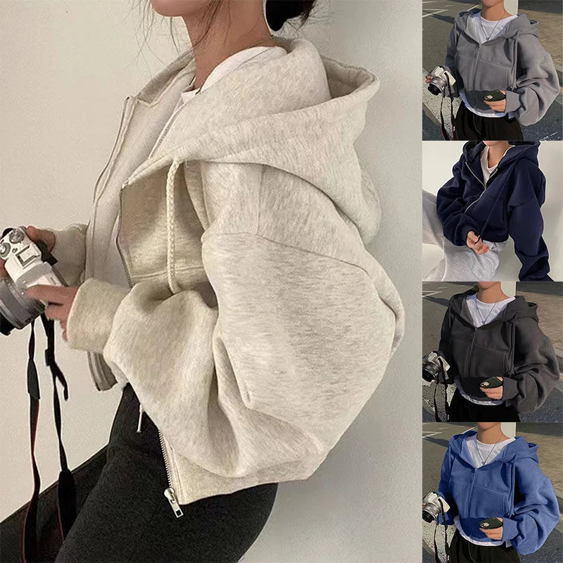 Long Sleeve Full Zip Casual Hooded Sweatshirt for Layering