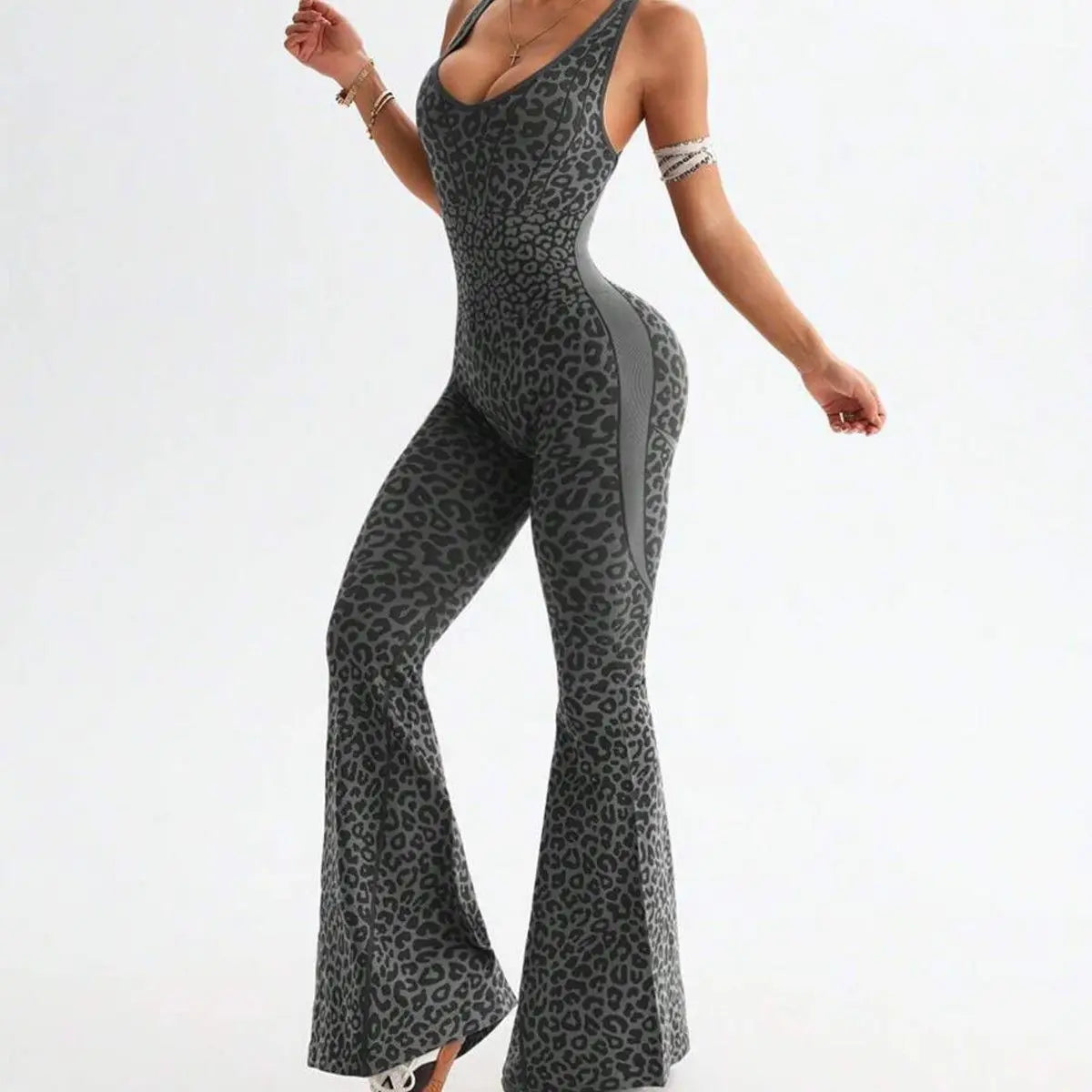 Women's Leopard Print Polyester Workout Jumpsuit with Flared Full Length Legs