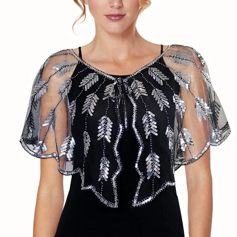 Leaf Pattern Sequin Capelet for Layering over Dresses and Tops