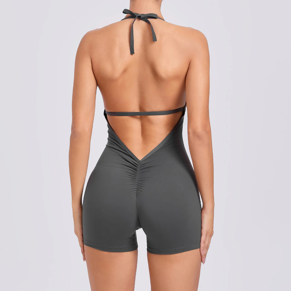 Women's Deep V Halter Nylon Blend Workout Romper with Open Back