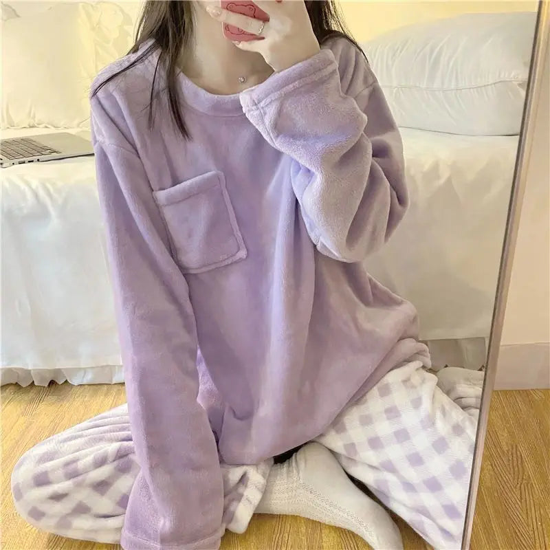 Women's Long Sleeve Plaid Bottom Pajama Set with Top and Pants