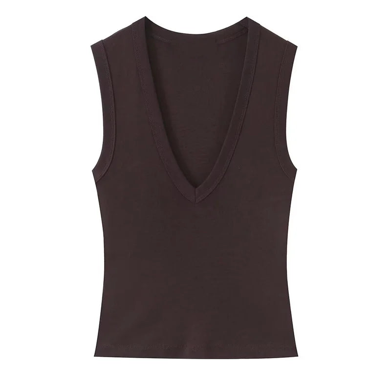 Women's Deep V Neck Polyester Tank Top with Sleeveless Fitted Cut