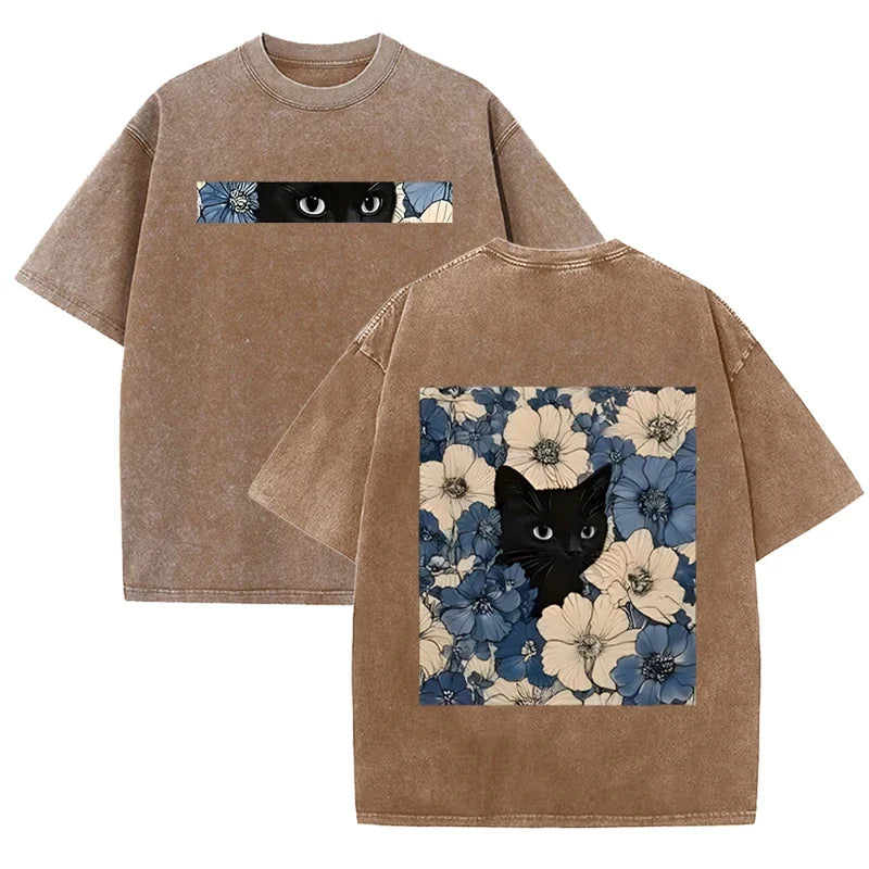 Vintage Washed Black Cat Floral T Shirt Double Sided Print Streetwear Casual Tee