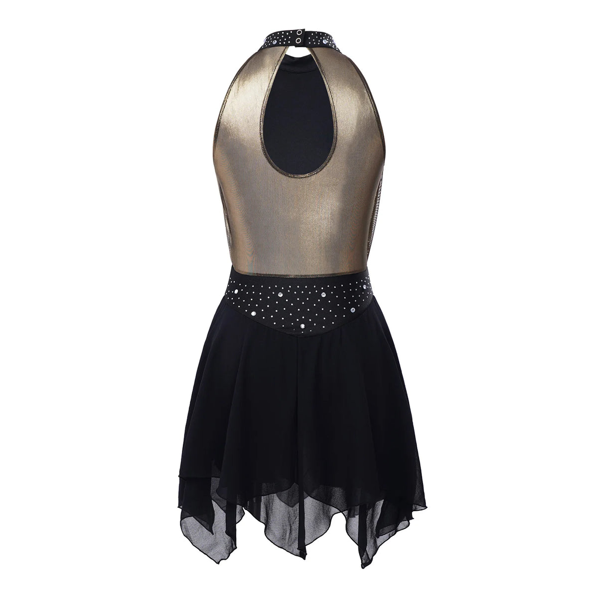 Women's Halterneck Metallic Dance Dress with Rhinestones and Asymmetric Skirt