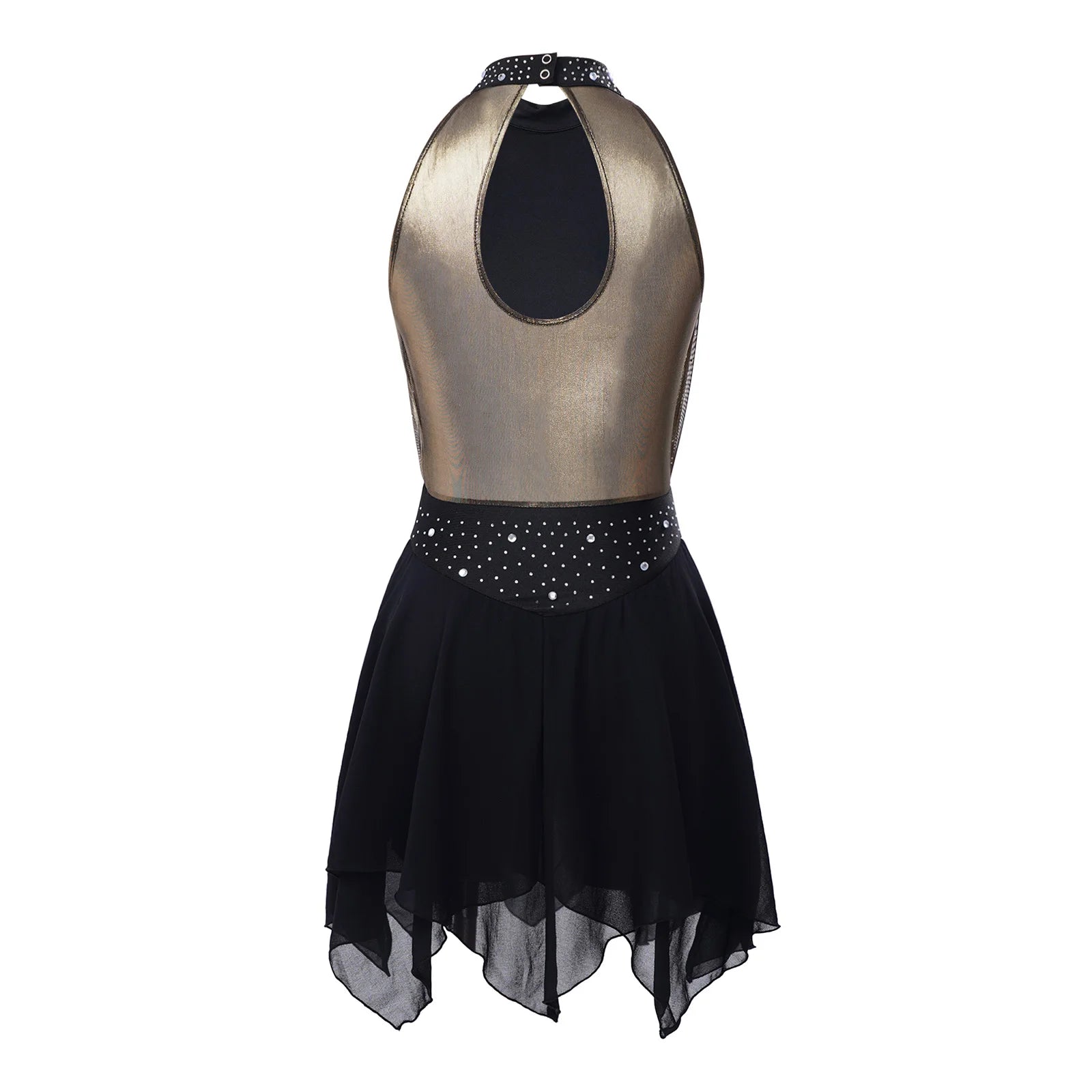 Women's Halterneck Metallic Dance Dress with Rhinestones and Asymmetric Skirt