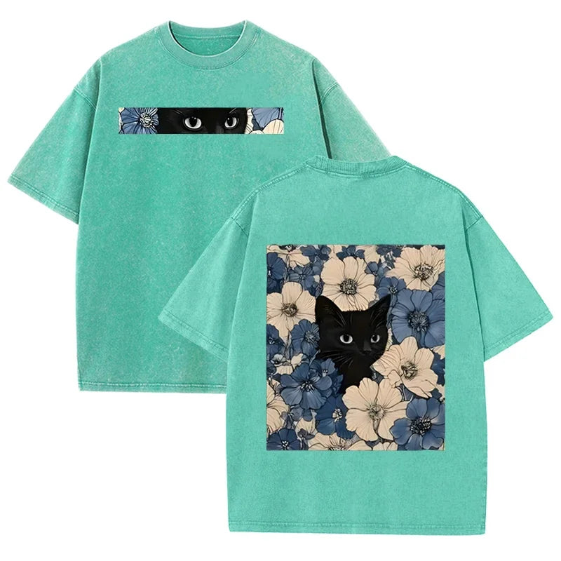 Vintage Washed Black Cat Floral T Shirt Double Sided Print Streetwear Casual Tee