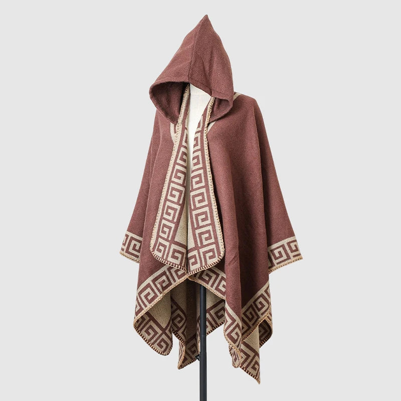 Hooded Geometric Border Poncho for Layering over Outfits